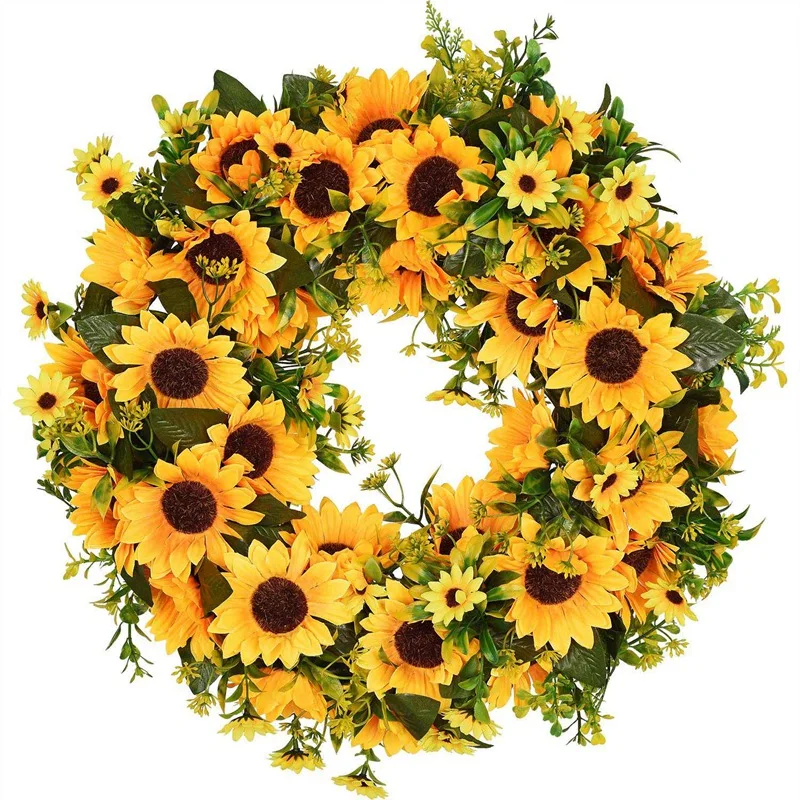 Artificial Sunflower Summer Wreath-16 Inch Decorative Fake Flower Wreath With Yellow Sunflower And Green Leaves For Front Door I
