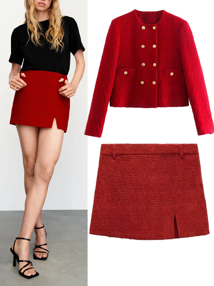 

ZA Autumn New Women's Temperament Small Fragrant Style Textured Slim Short Jacket + Wild High Waist Split Design Textured Skirt