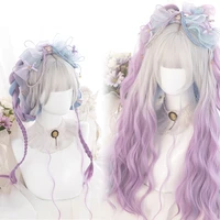 allaosify synthetic long lolita wig with bangs gray blue purple mixed colors cosplay wave wigs for women