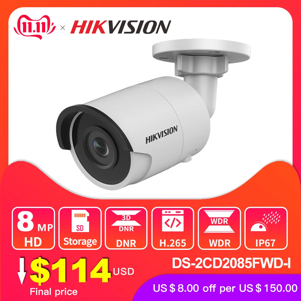 Hikvision оригинальная DS-2CD2085FWD-I 8MP IR фиксированная цилиндрическая IP камера POE CCTV Сетевая купольная камера безопасности IP67 IR30 3D DNR