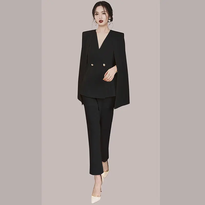 Runway Women Pants Suit Elegant Fall Winter Shawl Cloak V Neck Batwing Sleeve Blazers 2PCS Set And Office OL Pecnil Pants Set