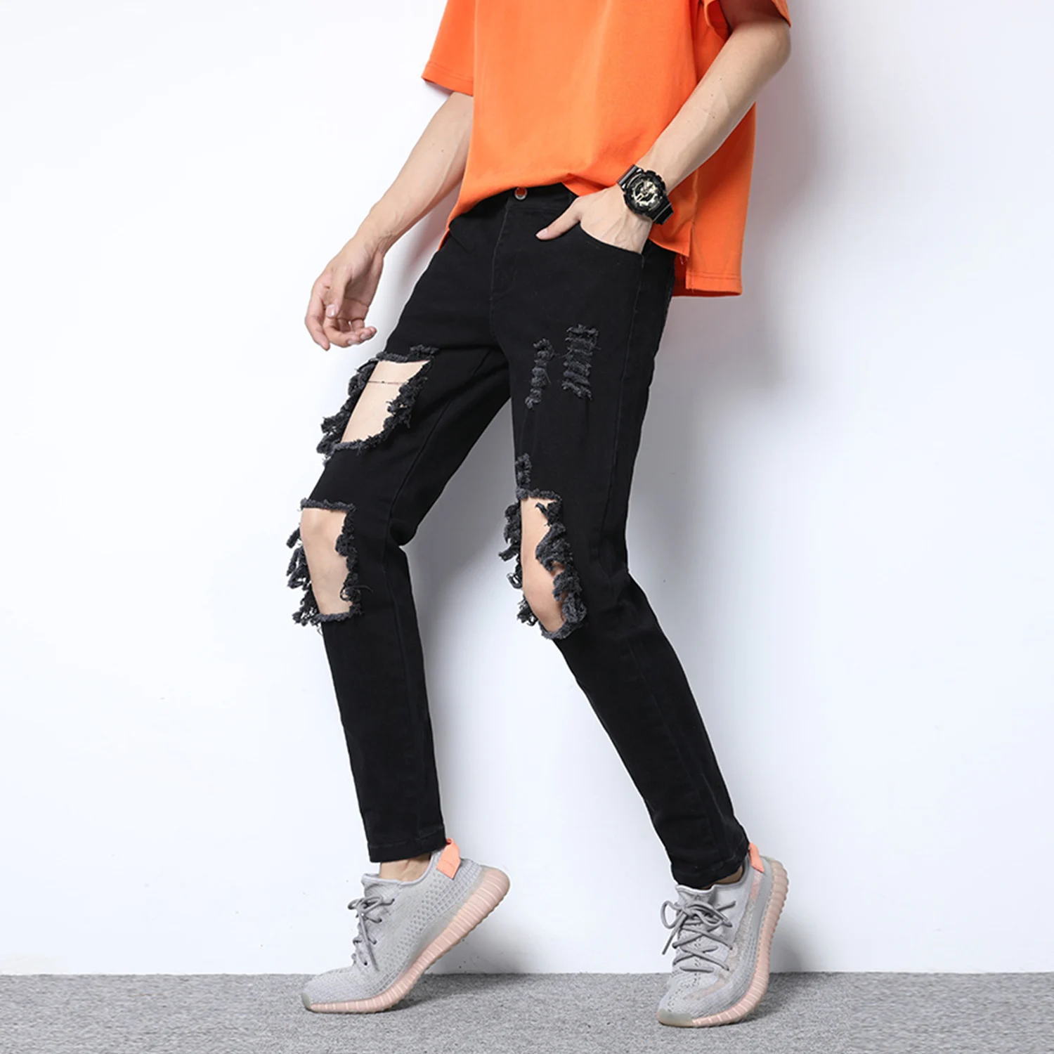 Мужские джинсы с дырками в стиле хип-хоп повседневные Прямые брюки Харадзюку 2019 |