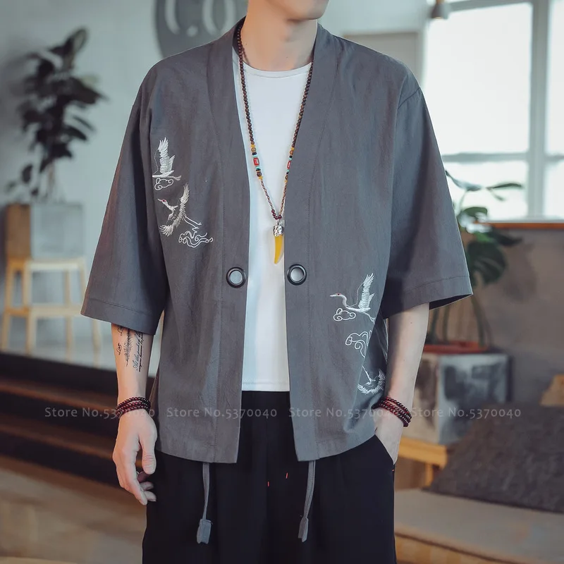 

Zen Tea Casual Blouse Japanese Samurai Kimono Haori Top Streetwear Men Retro Chinese Style Kung Fu Cardigan Robe Tang Suit Shirt