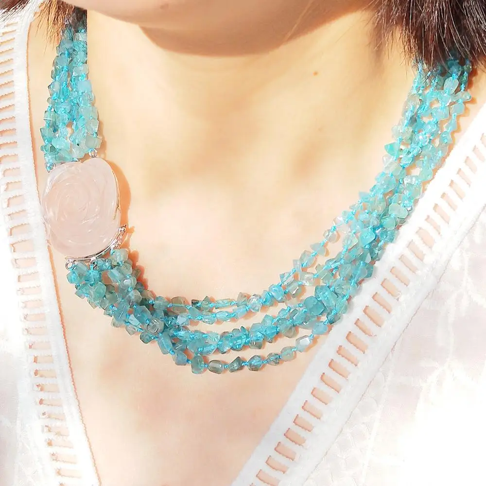 ?? Lii智リアル925スターリングシルバーローズクォーツのローザクラスプアパタイトmutilマルチストランド文ネックレス48センチメートル/19''