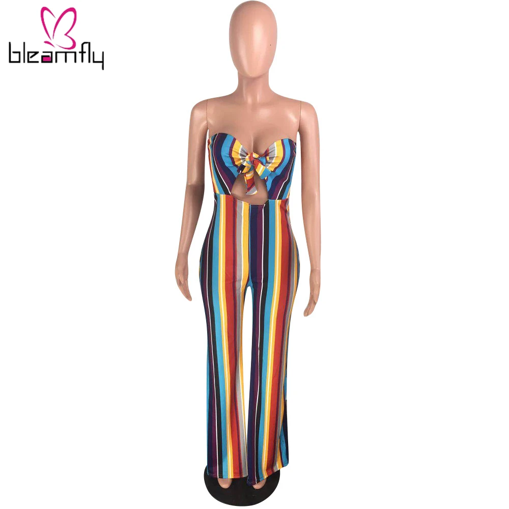 Женский летний цветной комбинезон в полоску без бретелек с завязками прямой