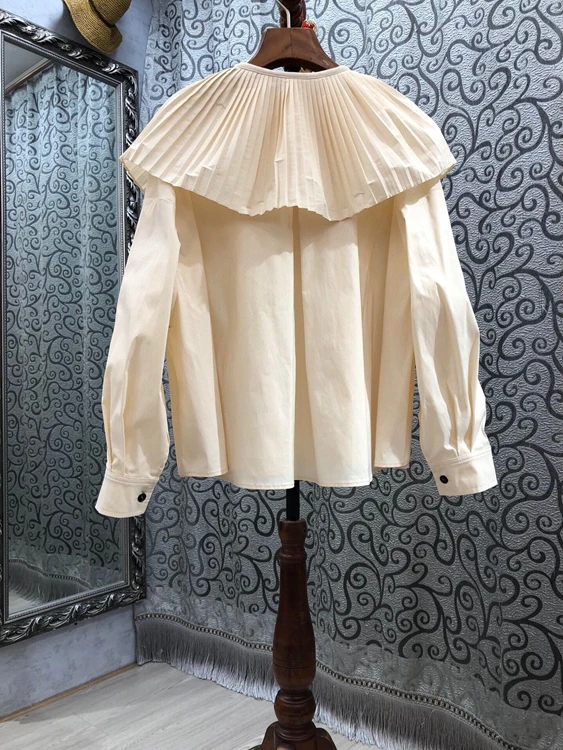 

2021 spring and summer new women's pleated Lapel stitching decoration solid long sleeve versatile top 325