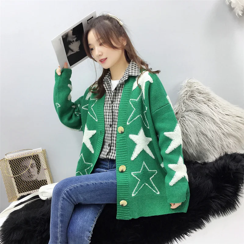 AZYT модный лоскутный вязаный свитер со звездами и вышивкой кардиган Женская