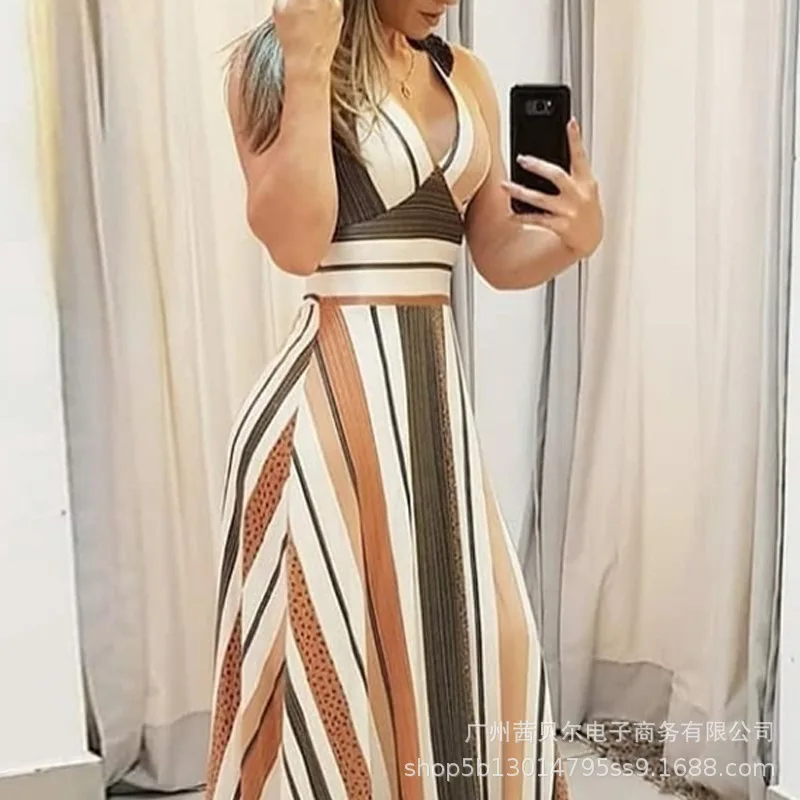 

Mandylandy Women's Sexy Slim V-neck Dress Spring and Autumn Fashion High Waist Sleeveless Striped Print Stitching Dress
