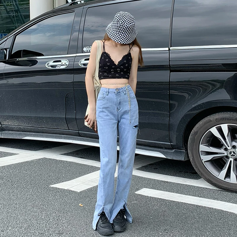 

Women's Ripped Flared Jeans High Waist Slit Wide Leg Straight Slightly Flared New Personalized Trendy Denim Trousers For Women