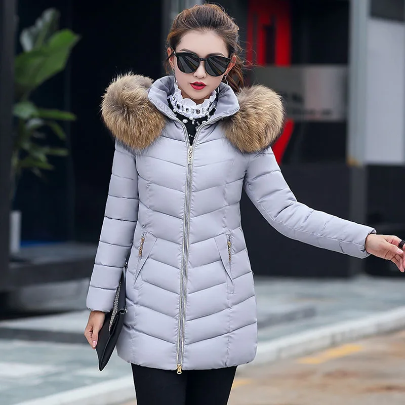 Зимняя куртка Женский меховой воротник с капюшоном Толстая теплая Стеганая пуховая хлопковая куртка тонкая Офисная Женская куртка M-6XL Большие размеры Parker