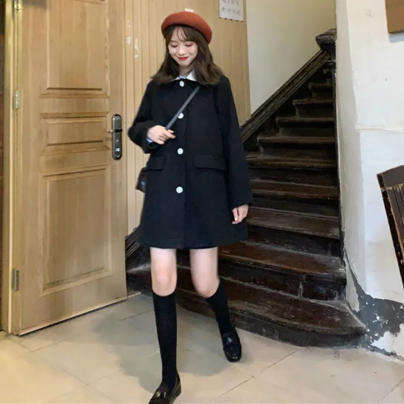 

Long Sleeve Wool Women Loose Turn-down Collar Lovely Simple Casual Winter Korean Style Ladies Blends All-match Warm Chic Popular