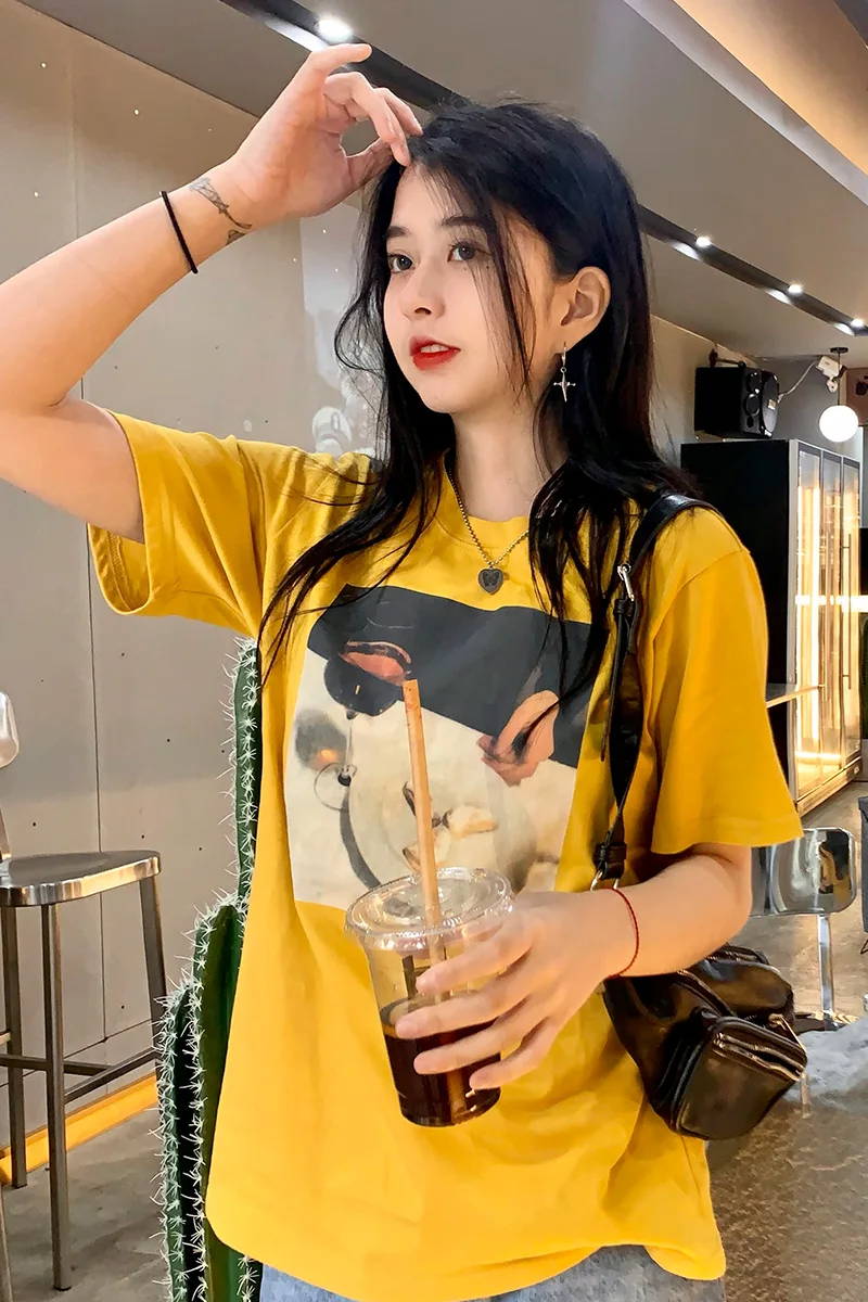 

2021 summer new printed short-sleeved T-shirt women loose round neck top