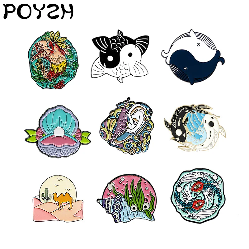 Эмалированная брошь в виде двух рыб морских ракушек жемчужин водных растений