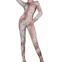 party evening costume white leaf pattern printing jumpsuits stretch outfit rhinestones sparkling bar show nightclub costumes