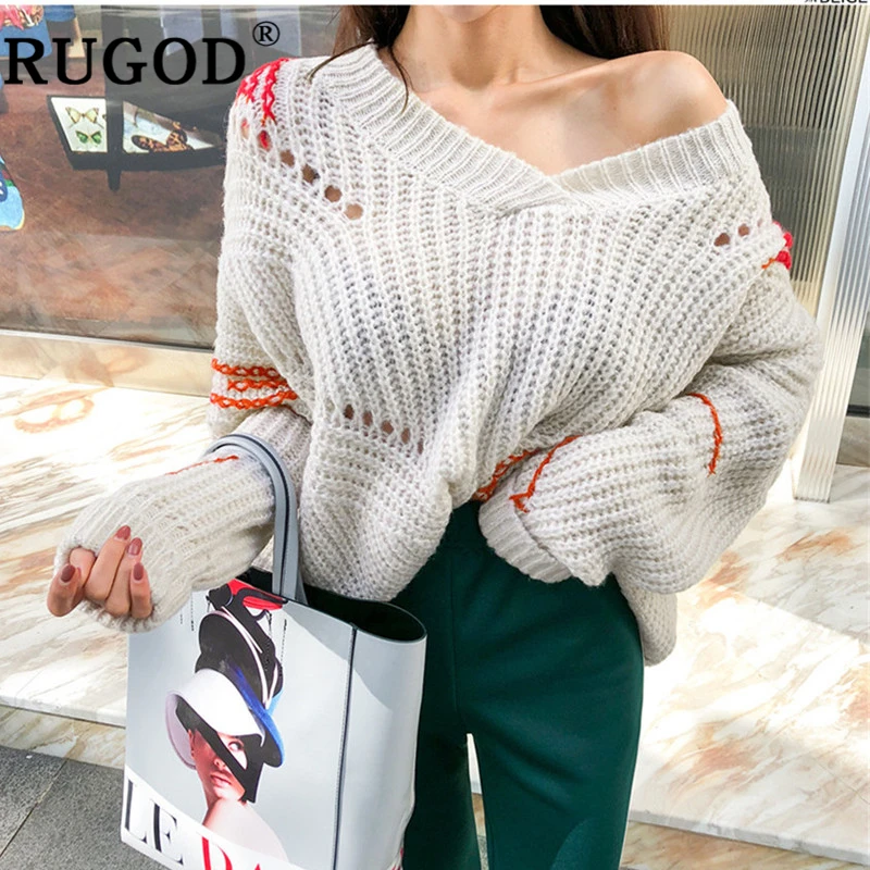 RUGOD Sweater women Korean chic lantern sleeve knitted pullovers 2019 Winter warm V neck Crocheted oversized clothes | Женская одежда