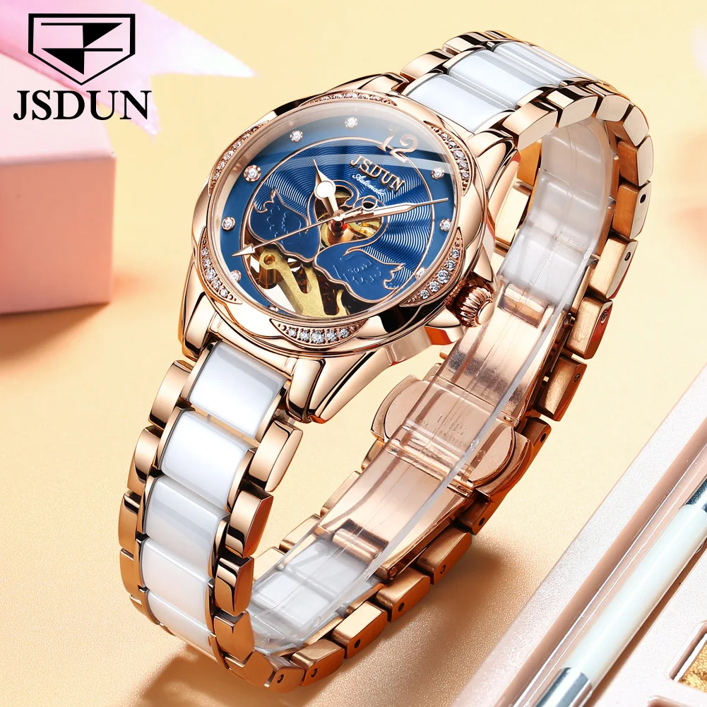 JSDUN 2021 Brand Ladies Automatic Mechanical Watch Ceramic Strap Hollow Fashion Mechanical Waterproof Watch Dames horloge 8831 enlarge