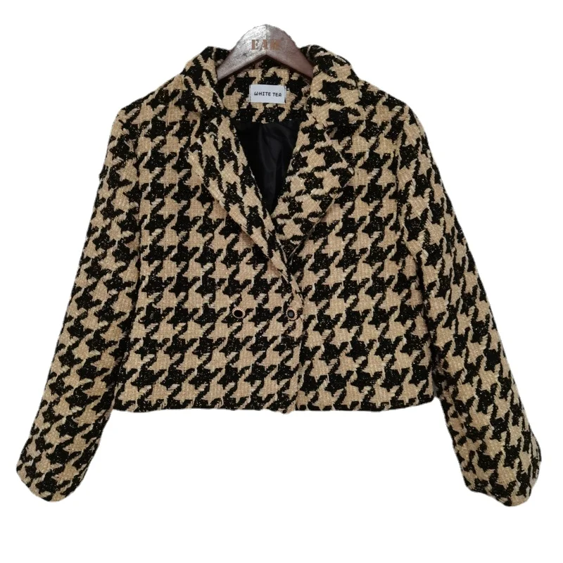 

2021 Spring Female Turn Down Collar Double Breasted Minimalist Loose Plaid Cotton Heavy Tweed Jacket Cardigan Coat