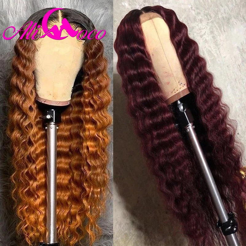 Perucas da Parte Dianteira do Laço do Cabelo Peruca de Cabelo Arrancado para as Mulheres Coco Onda Profunda Humano 1b 4 30 Ombre Cor Brasileira Remy Pré Ali 99j