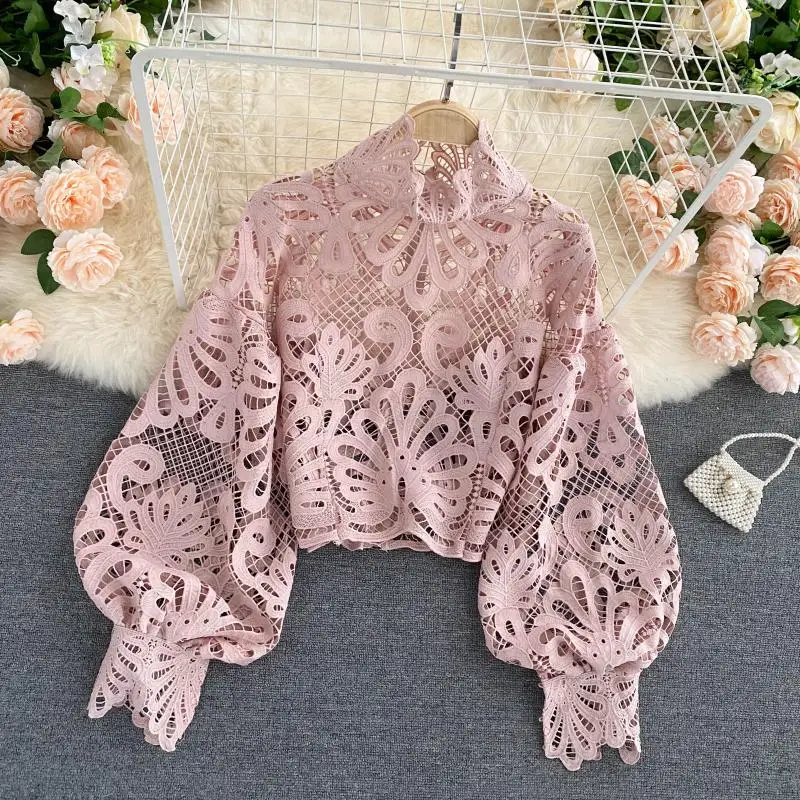 

Hollow Out Black Blouse Women Designer Stand Collar Lace Shirts Casual Lantern Long Sleeve Loose Tops Elegant Europe Sexy B739