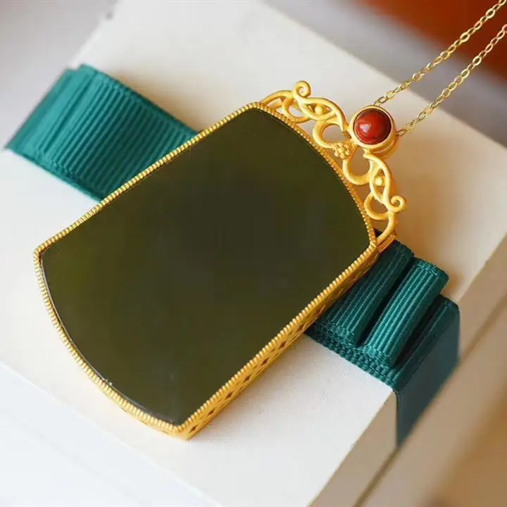 

New Natural Hetian Jade Gray Jade Large Pendant Jade Pendant Vintage Matching South Red S925 Sterling Silver Ancient French Gold