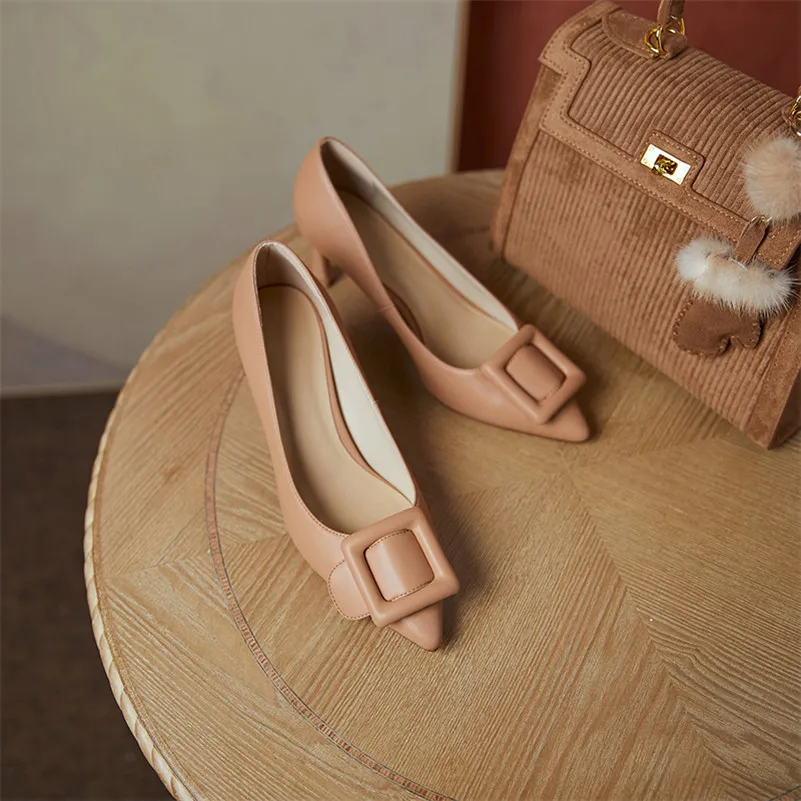 

ANNYMOLI 2021 Spring Real Leather High Heels Pointed Toe Pumps Woman Shoes Thin Heel Dress Shoes Buckle Slip On Female Footwear