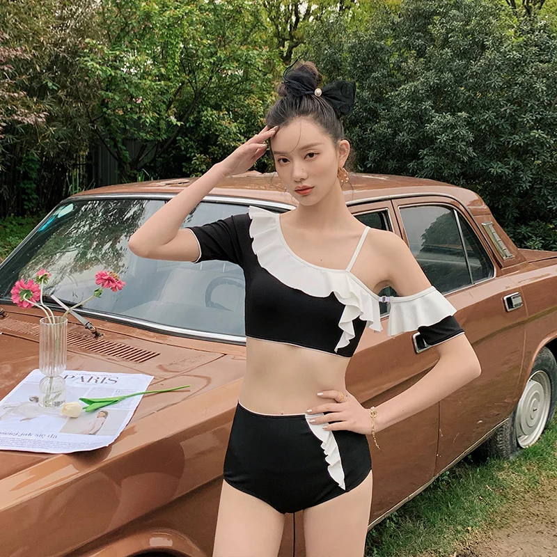 

2021 новый купальник из двух частей, тонкий, высокая талия, сексуальный, с открытой спиной, с прокладкой для груди, модные бикини, купальный кос...