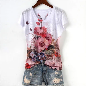 Модная популярная облегающая футболка с двойным цветочным принтом, женская летняя футболка 2022, женские топы с круглым вырезом и коротким рукавом