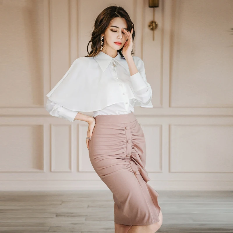 

New arrival women temperament sexy white shirt comfortable lovely ruffles pencil skirt fashion vintage high quality women set