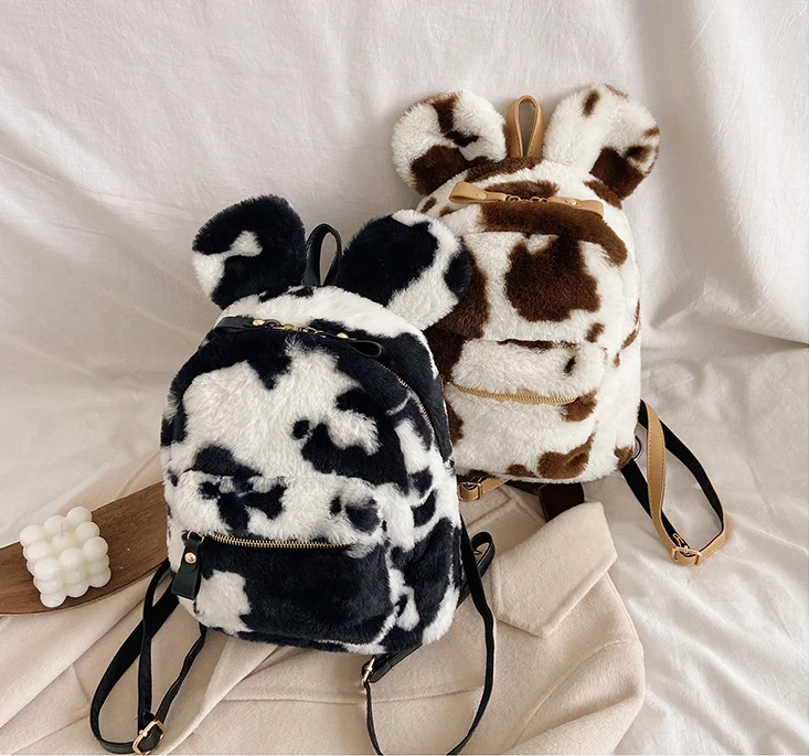 

Милые плюшевые рюкзаки из коровьей кожи для женщин, школьные ранцы в горошек для девочек-подростков, повседневный теплый дорожный ранец, бо...