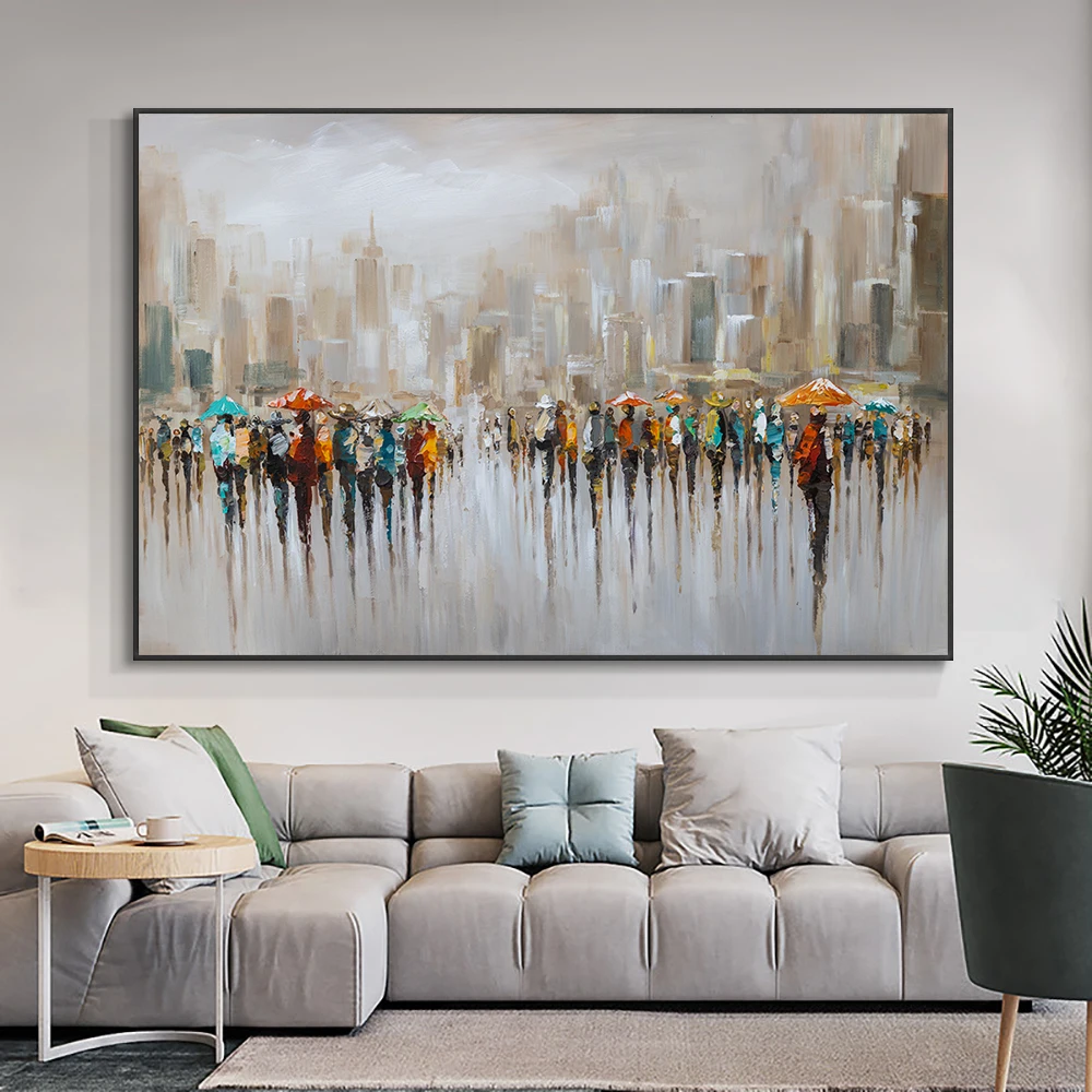 

Abstract Many People Working In The Rain With Umbrellas Oil Painting 100% Handpainted On Canvas Handmade Wall Art For Home Decor