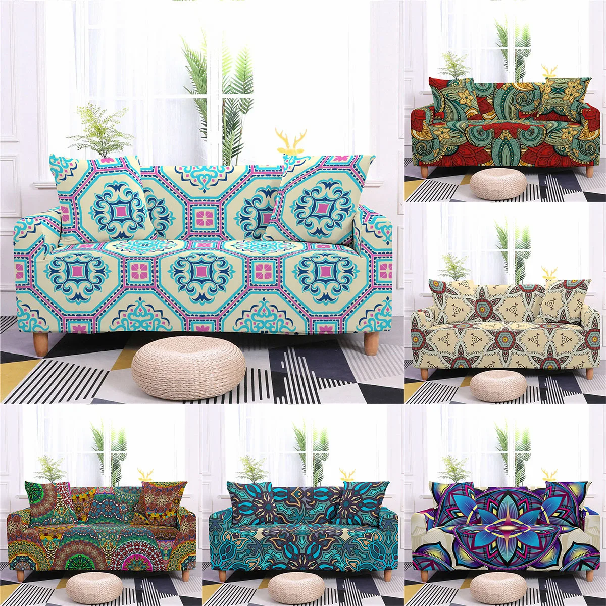 

1/2/3/4 Seater Bohemian Flower Sofa Cover Colorful Mandala Sofa Slipcovers for Living Room Sectional Corner Nordic Couch Covers
