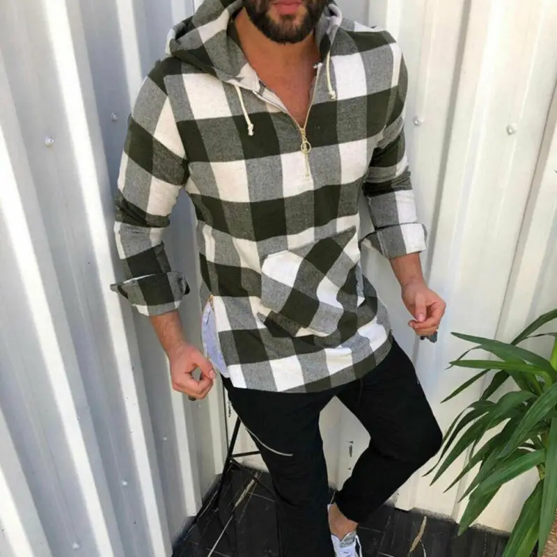 Camisa высокое качество мужские рубашки осень 2019 клетчатая рубашка с капюшоном