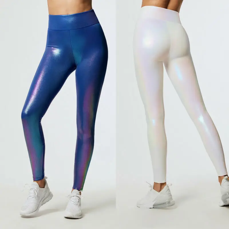 Hirigin новые женские блестящие Стрейчевые брюки с эластичной завышенной талией