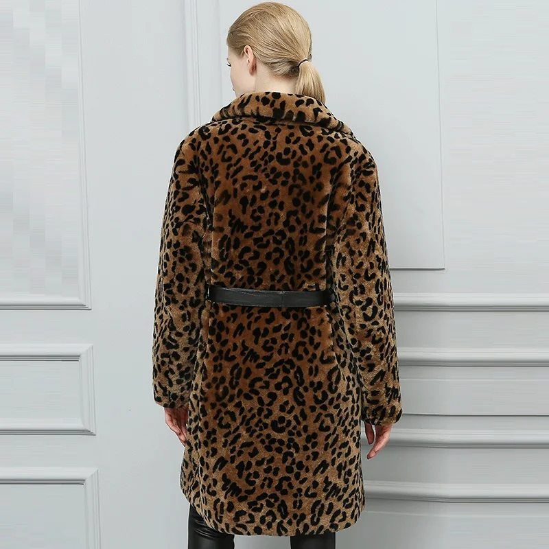 Зимняя теплая женская меховая куртка с леопардовым принтом большие размеры