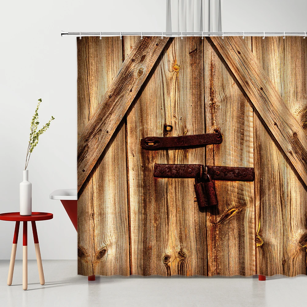 

Ancient Old Wood Door Shower Curtain American Western Country 3D Shabby Gate Washable Fabric Bathroom Decor Cloth Bath Curtains