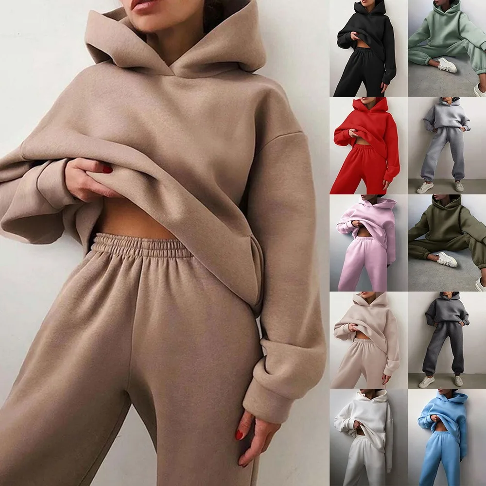 

Женский спортивный костюм, Осенний флисовый свитшот, комплект из двух предметов, повседневный Однотонный женский спортивный костюм большо...