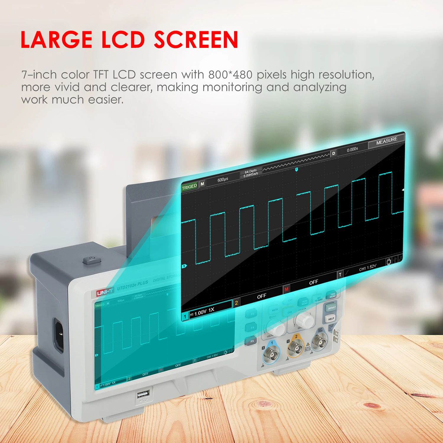 

UNI-T 2-CH Digital Oscilloscope with 7-inch LCD Display Scopemeter with 100MHz Bandwidth 500MS/S Real Time Sample Rate 64kpts