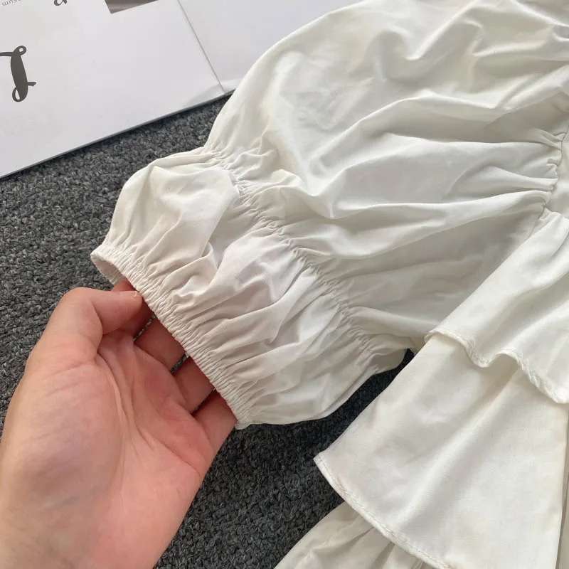 

KUSAHIKI Causal Chic Ruffle Short Blouse Shirt Puff Sleeve Square Collar Womens Tops 2021 Summer New Blusas Mujer De Moda 6H222