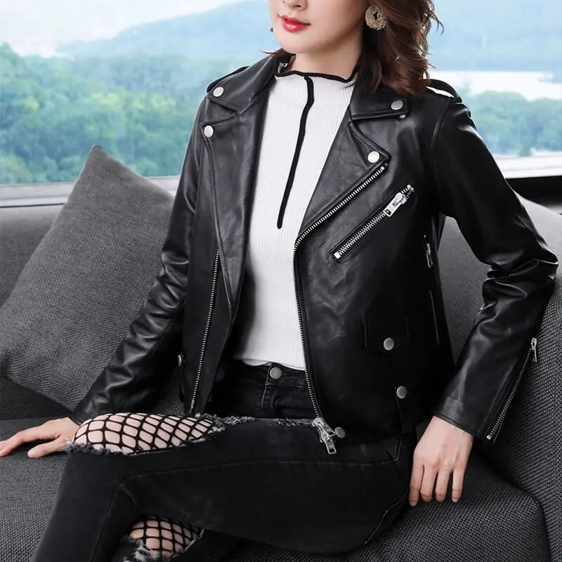 Женская кожаная куртка из натуральной овечьей кожи Корейская уличная одежда
