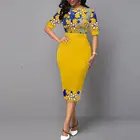 Женское Деловое платье, желтое элегантное облегающее платье с цветочным принтом, с круглым вырезом, для вечерние, 2020
