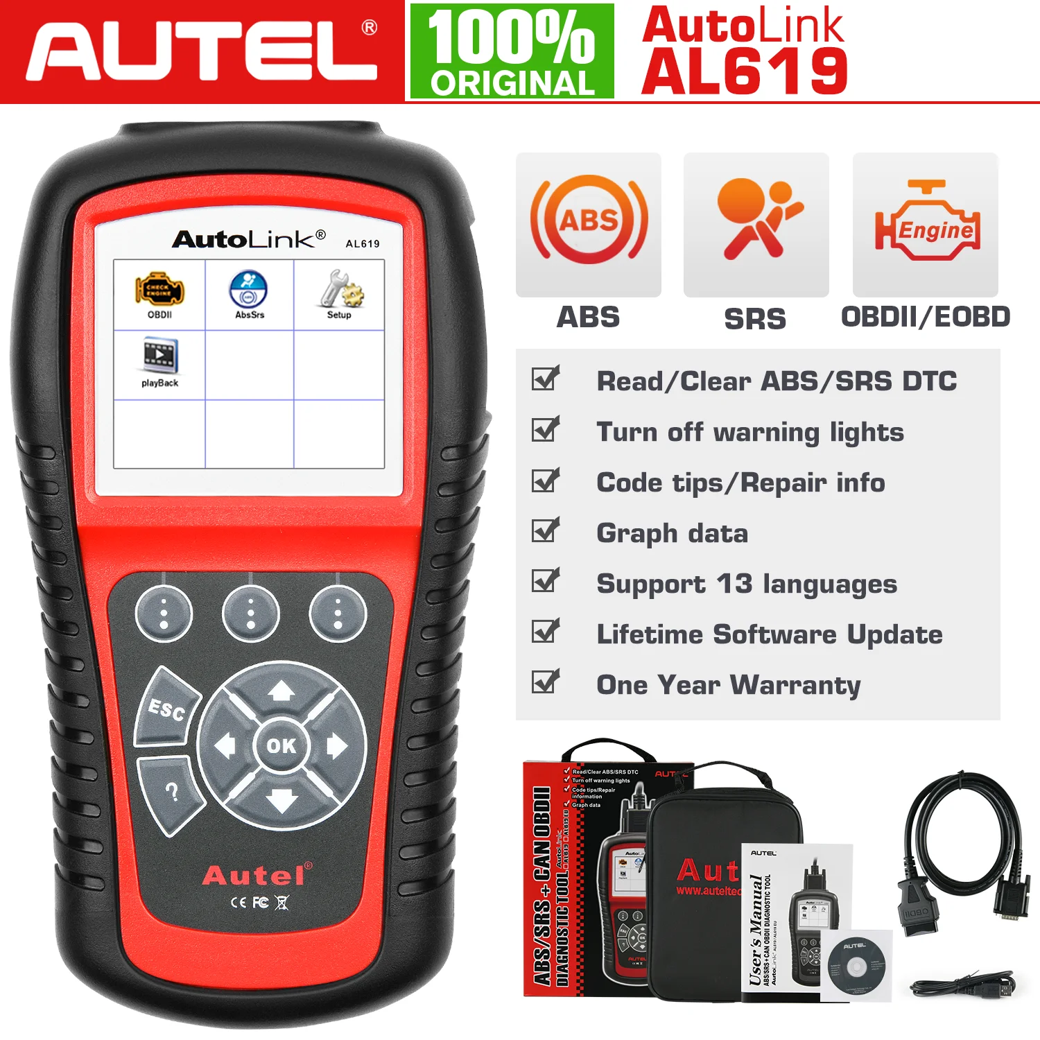 Autel Autolink AL619 OBD2 Scanner Car Diagnostic Tool Engine,ABS,SRS Auto Car Code Reader OBD 2 Automotive Diagnostic Tool