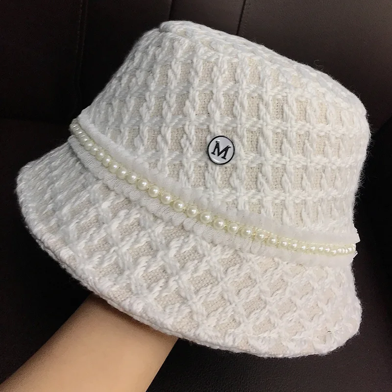 202011-SHI8695 autumn classic plaid pearl ribbon  lady   bucket cap  women  fishermen hat