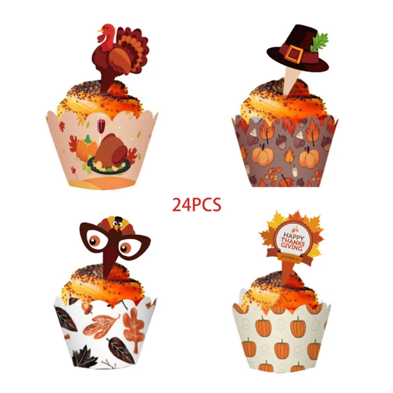 12/24pcs Thanksgiving Cupcake Toppers Cake Cups Wrappers Turkey Hat Sign Harvest Day Party Decorations | Дом и сад