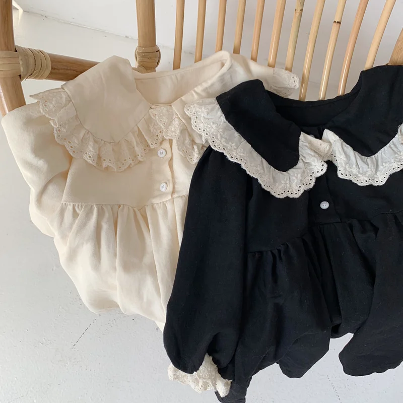 Spring kids dresses for girls lacework patchwork Korean style cute girls long sleeve turn-down collar party princess dresses