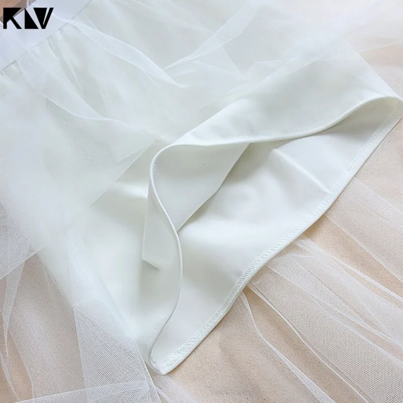 KLV длинная юбка миди с высокой талией и зубчатой кружевной отделкой, одноцветная плиссированная юбка с неровным подолом, двухслойные вечерние сетчатые юбки