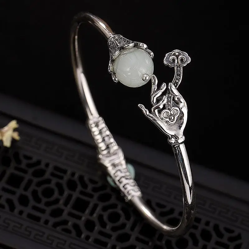 

New new classic inlaid Hotan white Chalcedony Bergamot Ruyi Bracelet Chinese style retro charm elegant women's brand jewelry