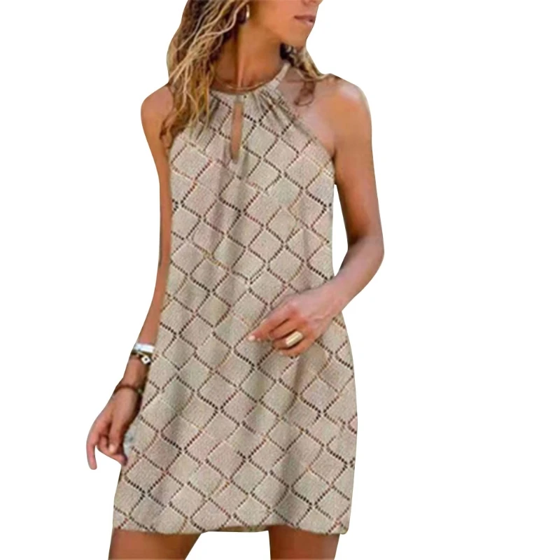 

Women Summer Sexy Metal Halter Sleeveless Mini Dress Solid Color Geometry Rhombus Plaid Print Off Shoulder Sundress
