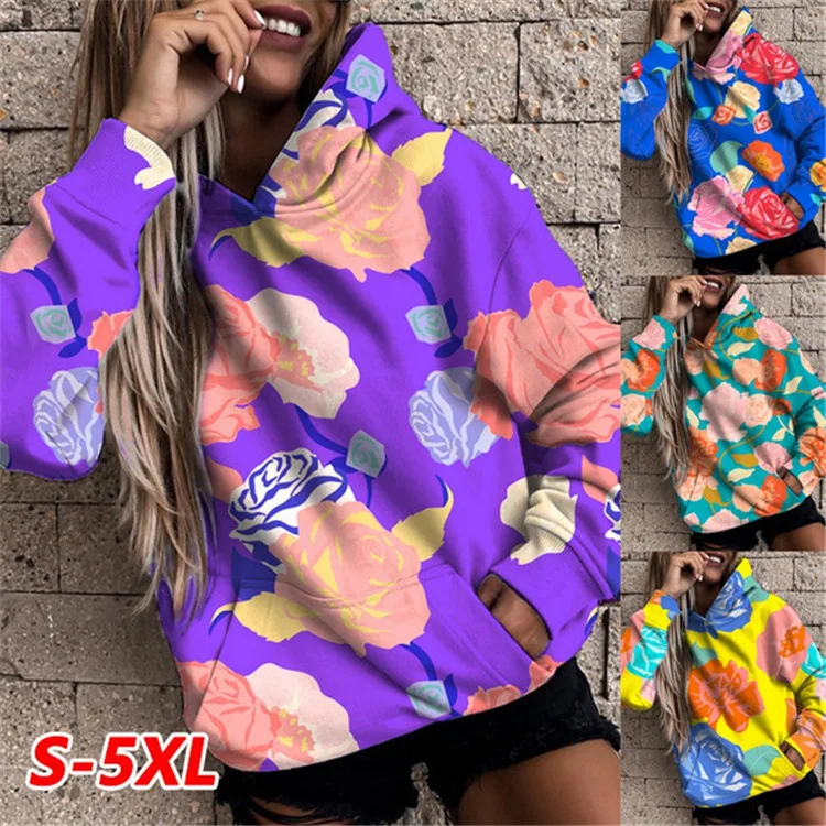

Plus Zise Women Casual Elegant Color Print Sweater Shirt Autumn Winter Fashion Loose Hooded Top Casual Long Sleeve Streetwear