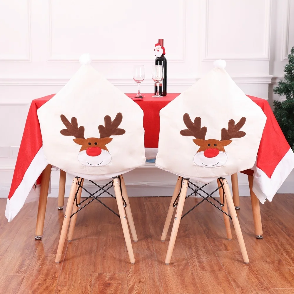 

Elk Embroidery Chair Cover Christmas Dinner Table Chair Back Cover Christmas Home Decoration Ornament Dinner Hat Chair Covers