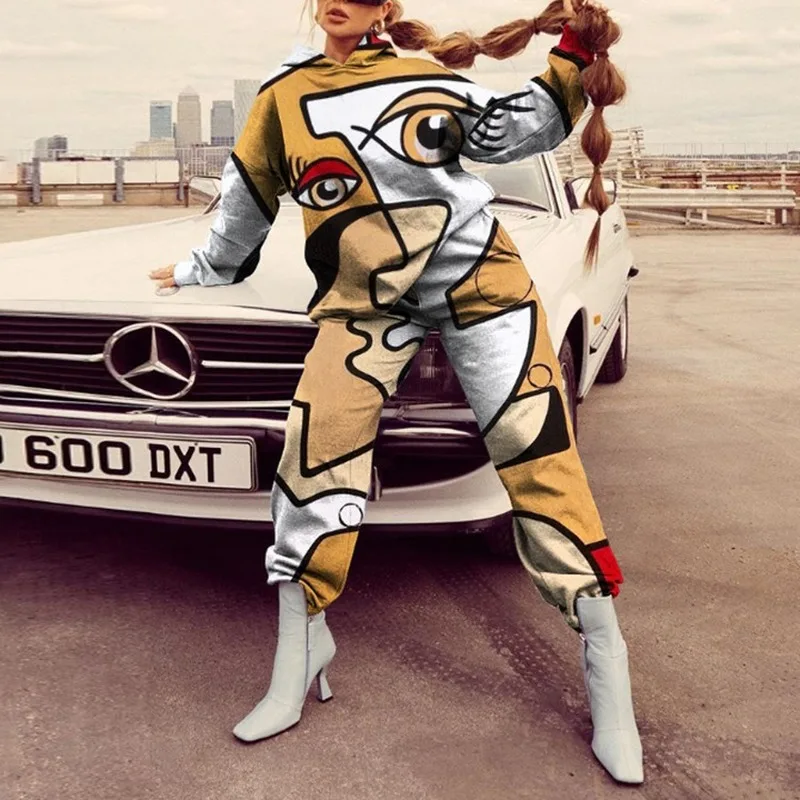 

Vintage Design Eyes Face Print Hoodies Sweatshirt Pant Women Two Piece Set Outfits Matching Clothes New Fashion Girls Streetwear